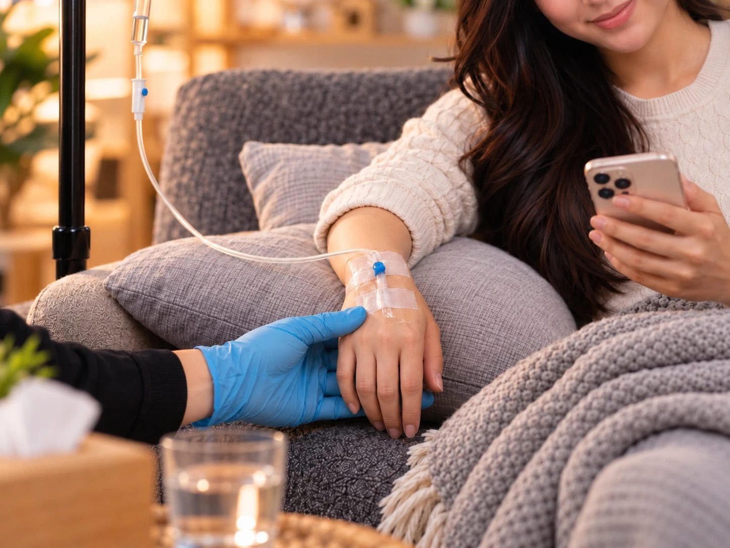 Perempuan bersantai di sofa sambil menerima infus IV drip, didampingi tenaga medis